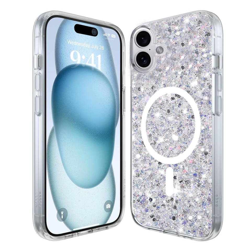 Husa pentru iPhone 16 Plus din Silicon cu Sclipici, Fundal Detasabil, Protectie Completa, SKDR SparkleCase - Alb