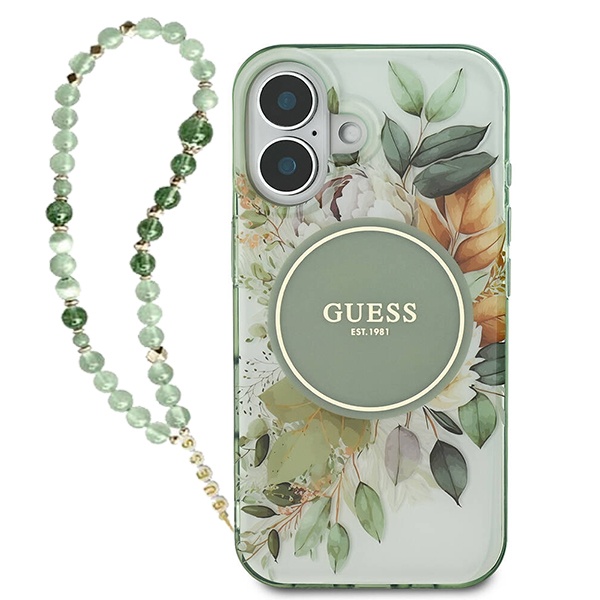 Husa pentru iPhone 16 Plus, IML Flowers with Pearl Strap MagSafe, Guess - Verde - 1 | YEO