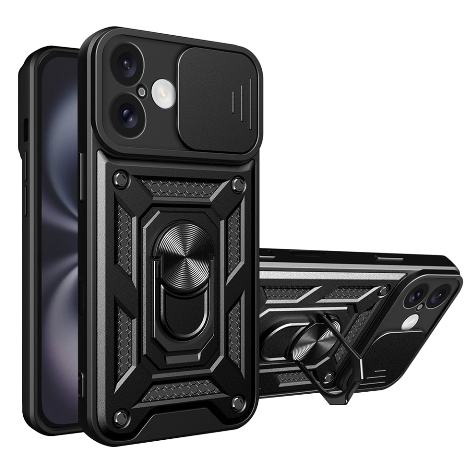 Husa pentru iPhone 16 Plus, SKYDDAR INNOVATION, CamShield, Negru, set cu sticker