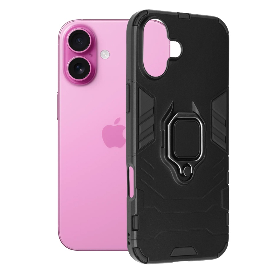 Husa pentru iPhone 16 Plus, SKYDDAR INNOVATION, cu Inel Magnetic, Antisoc, Forged, Negru, set cu sticker