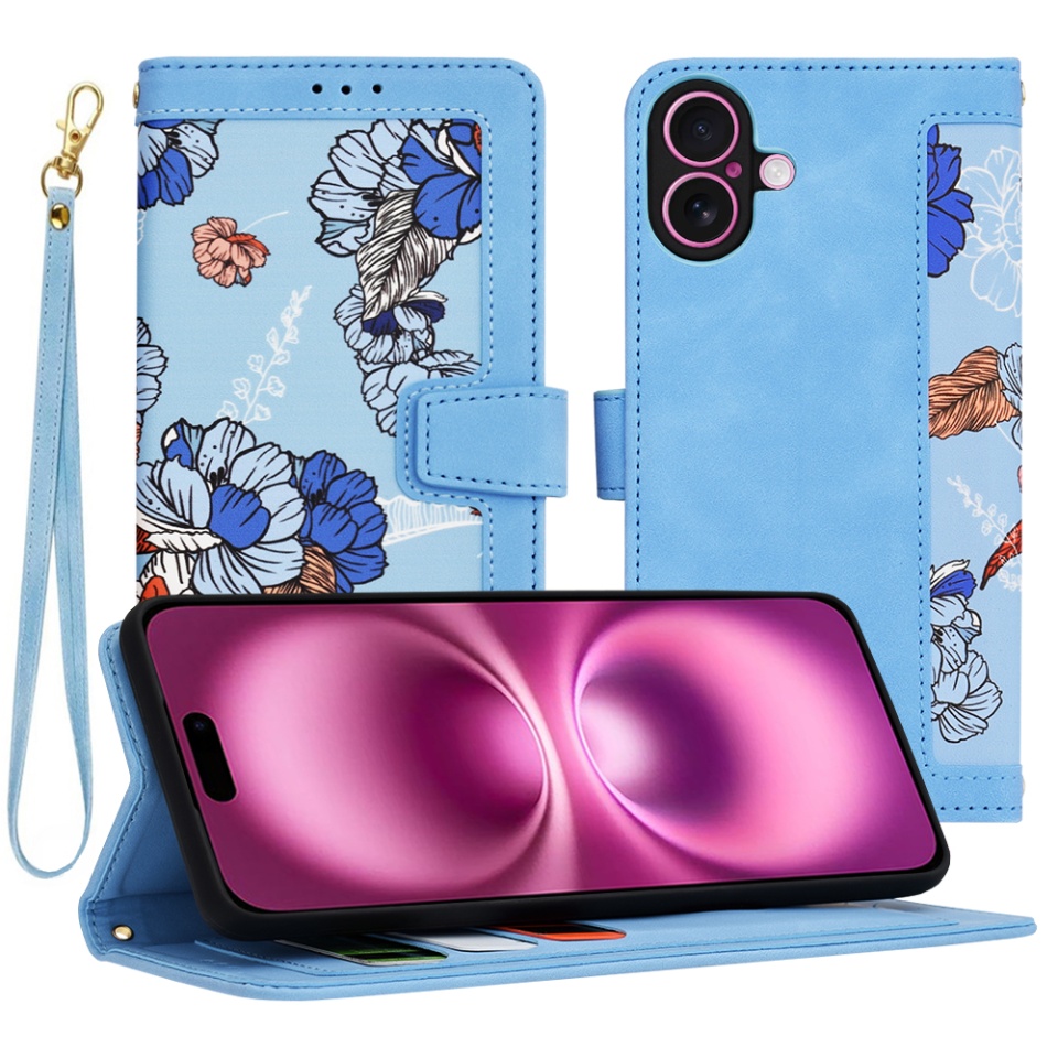 Husa pentru iPhone 16 Plus, SKYDDAR INNOVATION, Floral Wallet, din Piele Ecologică cu Design Floral, Protecție 360°, Stand Integrat, Buzunare pentru Carduri, Bleu, set cu sticker