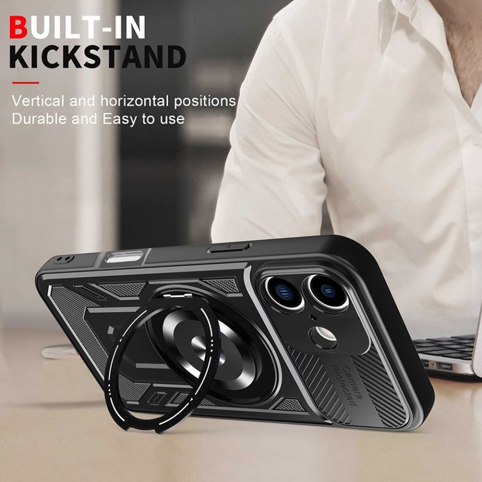 Husa pentru iPhone 16 Plus, SKYDDAR INNOVATION, RuggedCam, Inel magnetic antisoc, set cu sticker, Mov - 2 | YEO