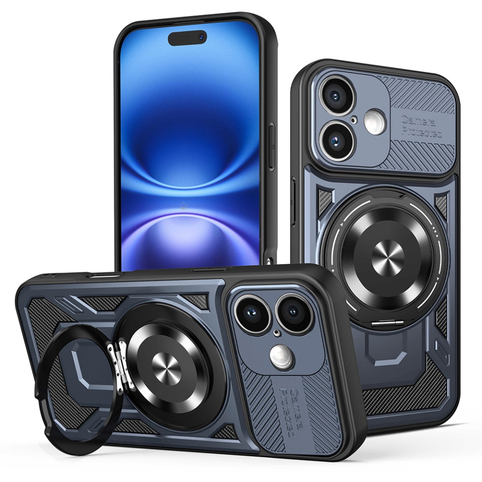 Husa pentru iPhone 16 Plus, SKYDDAR INNOVATION, RuggedCam, Inel magnetic antisoc, set cu sticker, Albastru