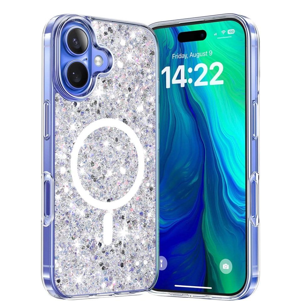 Husa pentru iPhone 16 Plus, SKYDDAR INNOVATION, SparkleCase, din Silicon cu Sclipici, Protectie Completa, set cu sticker, Alb