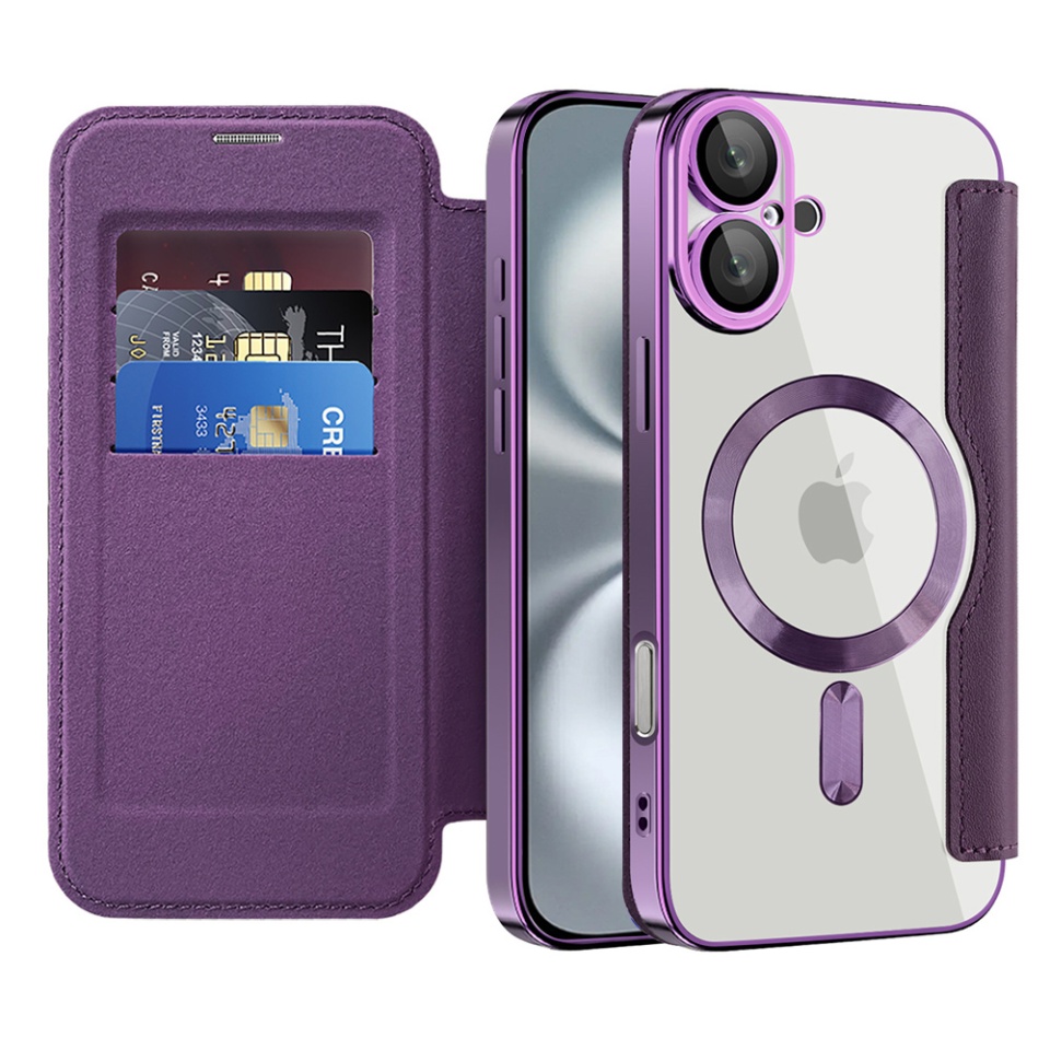Husa pentru iPhone 16 Plus tip carte, SKYDDAR INOVATION, SmartMag Book, Magsafe, RFiD, Suport Carduri, set cu sticker, Mov