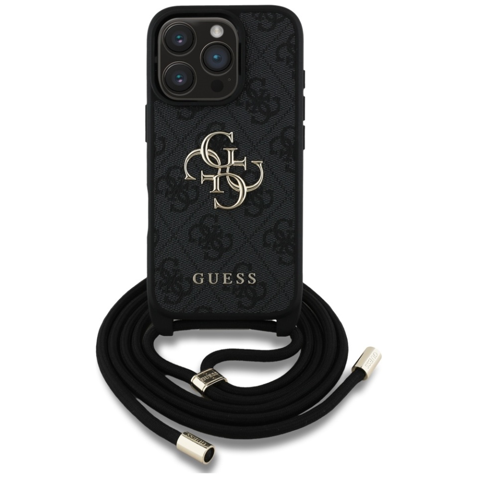 Husa pentru iPhone 16 Pro, Guess Hardcase 4G Big Logo with Cord Strap, Protectie Slim, Compatibila, Negru