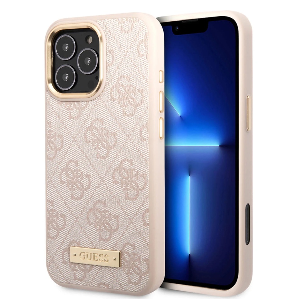 Husa pentru iPhone 16 Pro, Guess, Hardcase 4G Logo Plate MagSafe, Roz