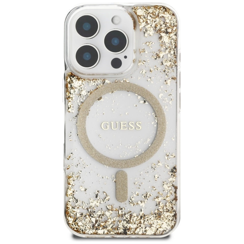 Husa pentru iPhone 16 Pro, Hardcase Resin Bottom Glitter MagSafe, Guess - Auriu - 2 | YEO