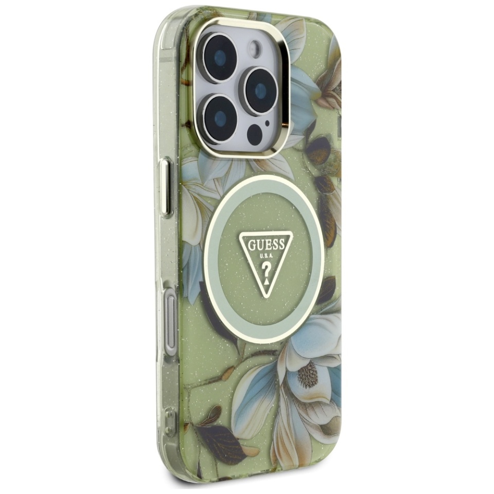 Husa pentru iPhone 16 Pro, IML Flowers with Pearl Strap MagSafe, Guess - Verde - 2 | YEO