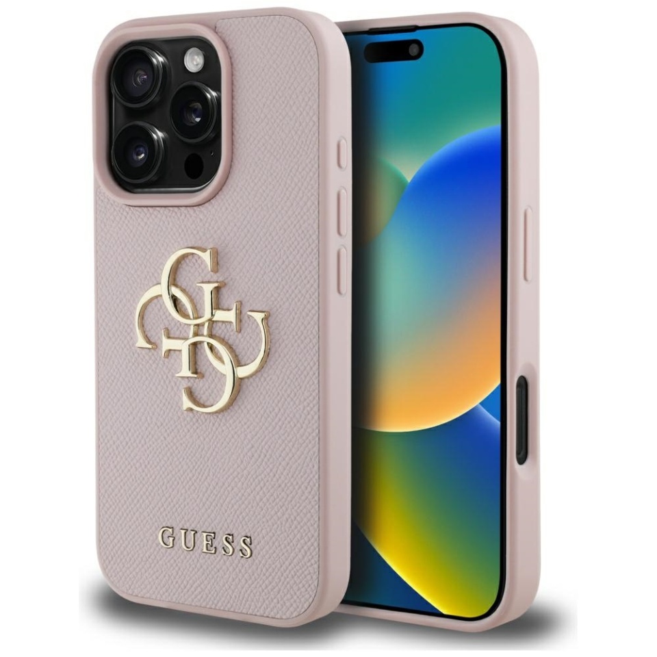 Husa pentru iPhone 16 Pro Max, Guess, Hardcase Grained Big 4G Logo Small Classic Logo, Protectie Slim, Roz