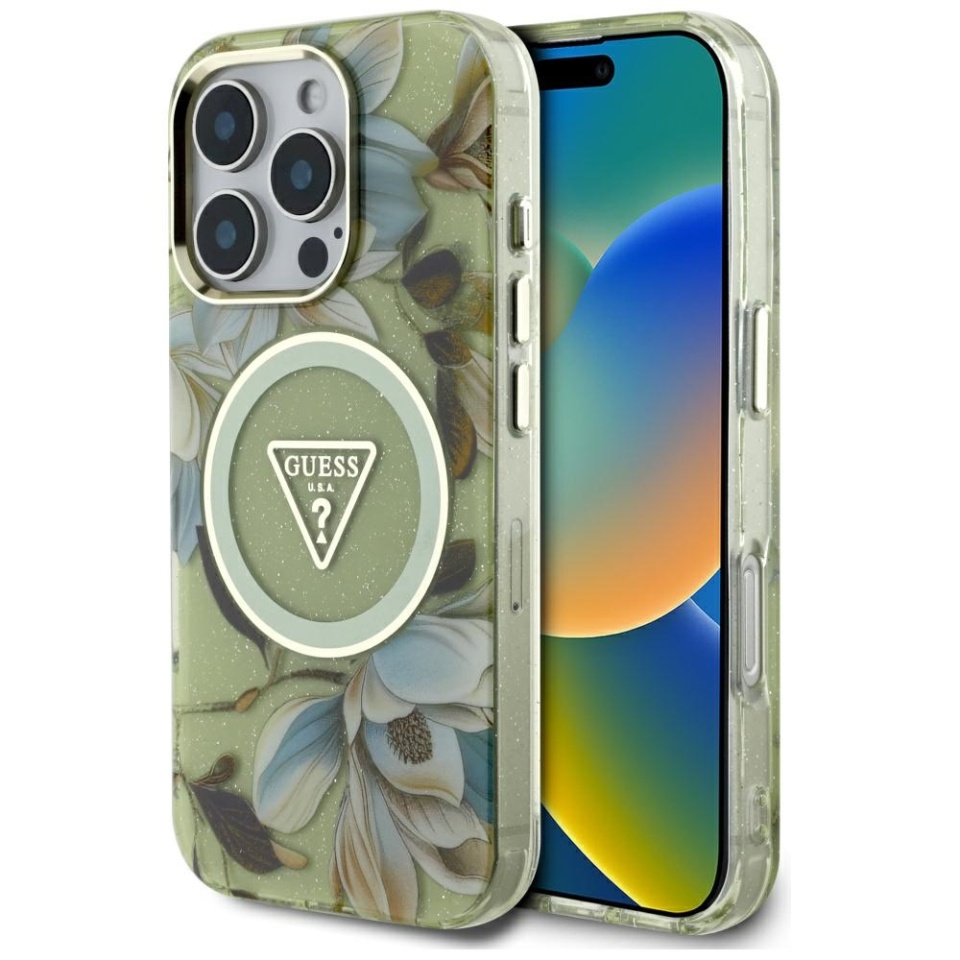 Husa pentru iPhone 16 Pro Max, IML Flowers with Pearl Strap MagSafe, Guess - Verde