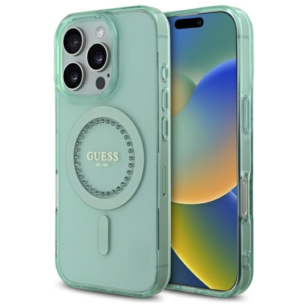 Husa pentru iPhone 16 Pro Max, IML Rhinestones MagSafe, Guess - Verde