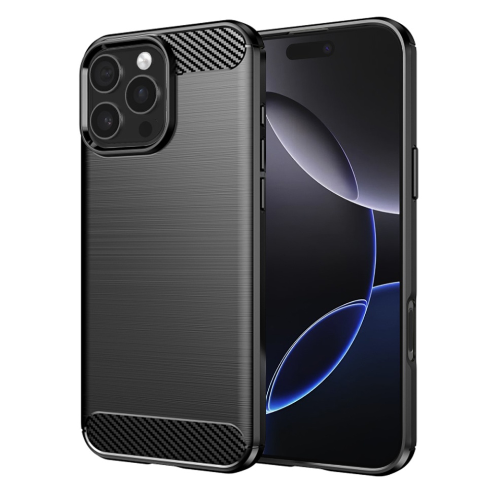 Husa pentru iPhone 16 Pro Max, SKYDDAR INNOVATION, Carbon Silicone, din Silicon Premium, Slim, cu textura Fibra Carbon, Negru, set cu sticker