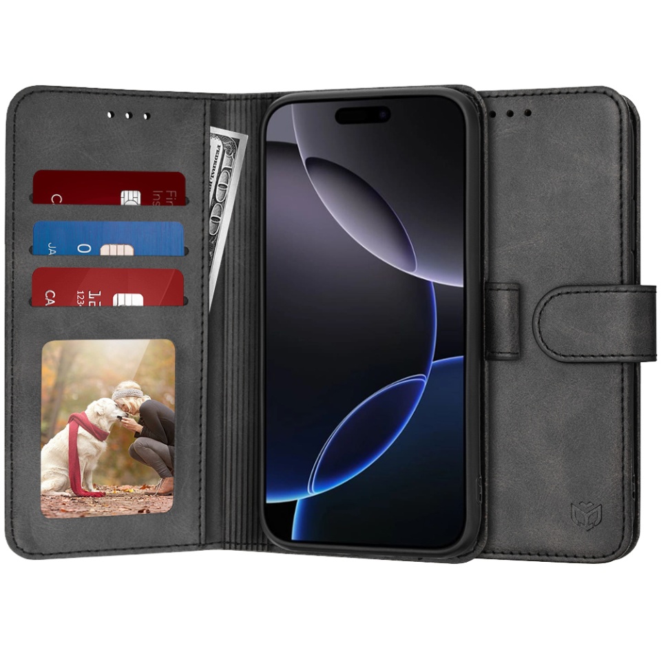 Husa pentru iPhone 16 Pro Max, SKYDDAR INNOVATION, Diary Book, tip carte, cu Portofel Interior, Antisoc, Negru, set cu sticker
