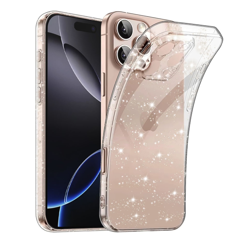 Husa pentru iPhone 16 Pro Max, SKYDDAR INNOVATION, SparkleSkin din Silicon TPU cu Sclipici, Design Elegant, Transparenta, set cu sticker