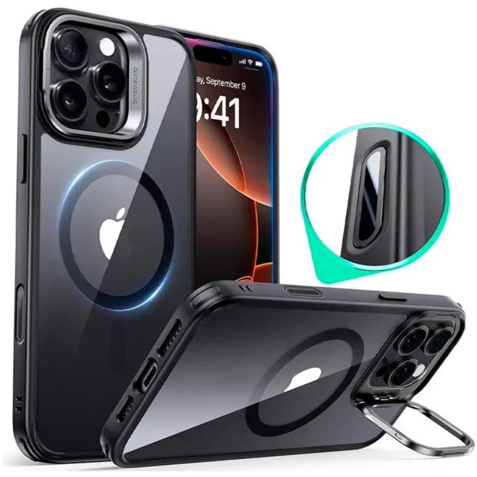 Husa pentru iPhone 16 Pro Max, slim, ESR Classic Hybrid HaloLock Kickstand, Negru/transparenta