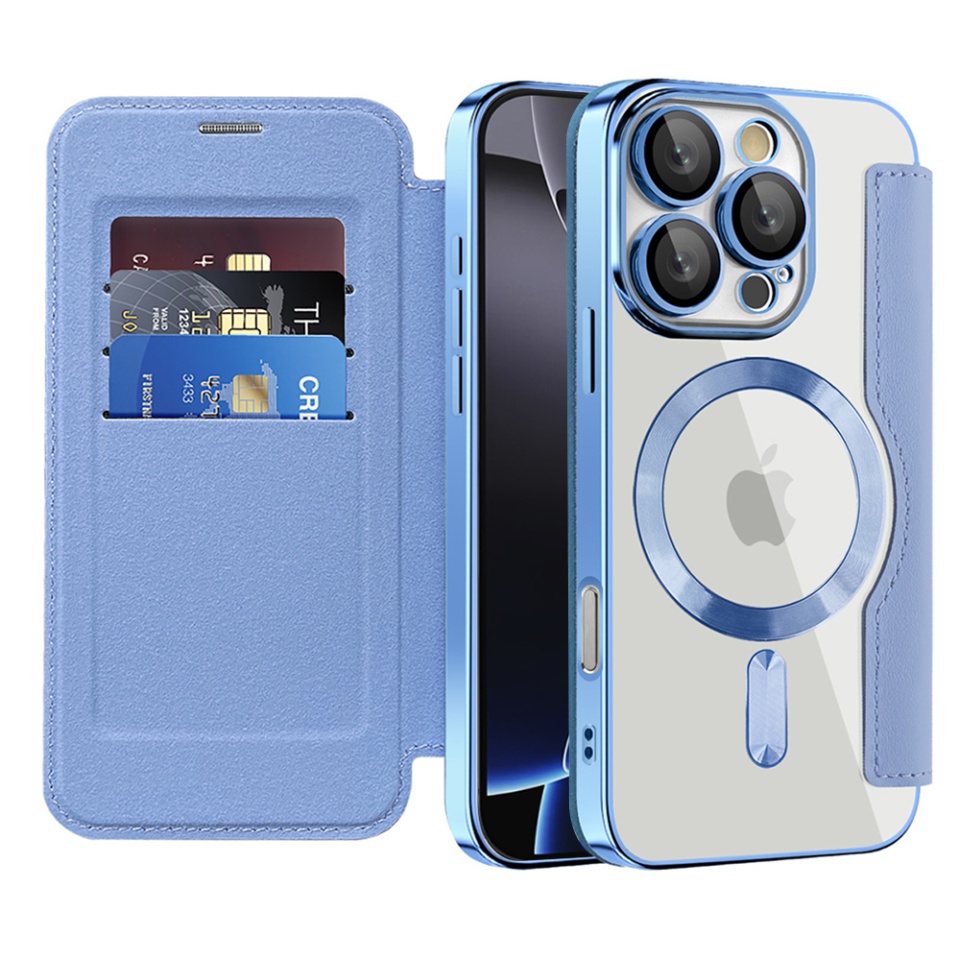 Husa pentru iPhone 16 Pro Max tip carte, SKYDDAR INOVATION, SmartMag Book, Magsafe, RFiD, Suport Carduri, set cu sticker, Bleu