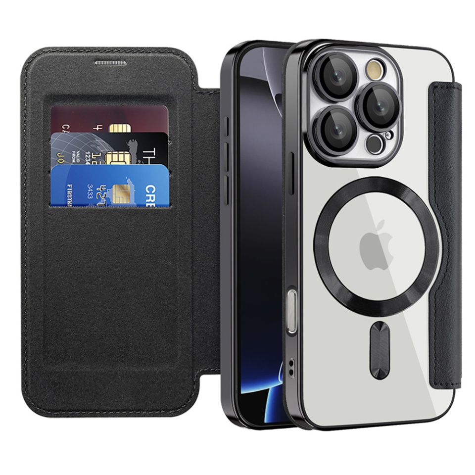 Husa pentru iPhone 16 Pro Max tip carte, SKYDDAR INOVATION, SmartMag Book, Magsafe, RFiD, Suport Carduri, set cu sticker, Negru