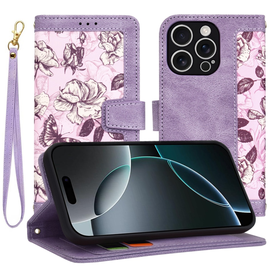 Husa pentru iPhone 16 Pro, SKYDDAR INNOVATION, Floral Wallet, din Piele Ecologică cu Design Floral, Protecție 360°, Stand Integrat, Buzunare pentru Carduri, Mov, set cu sticker
