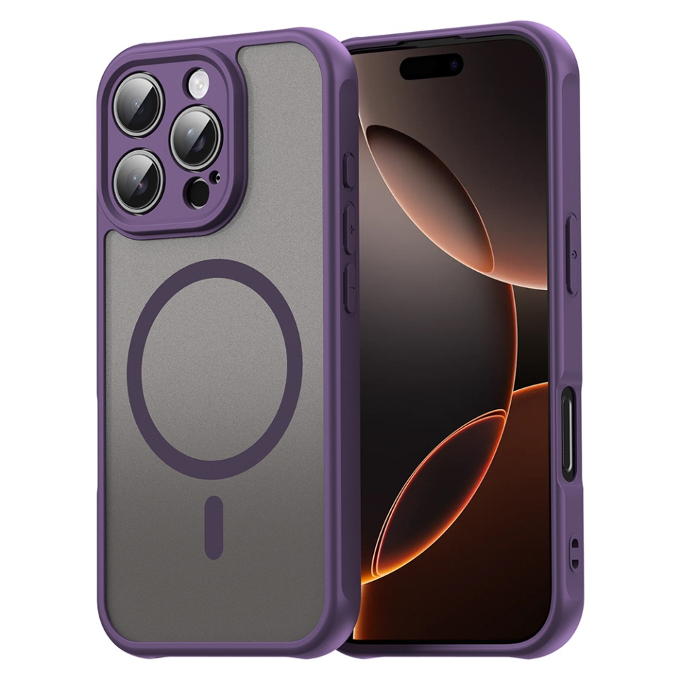 Husa pentru iPhone 16 Pro, SKYDDAR INNOVATION, HaloFrost MagSafe II, Antisoc, set cu sticker, Mov