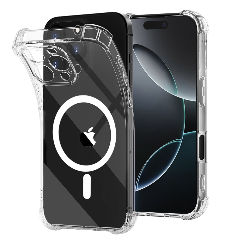 Husa pentru iPhone 16 Pro, SKYDDAR INNOVATION, Shockproof MagSafe din silicon, set cu sticker, Transparenta