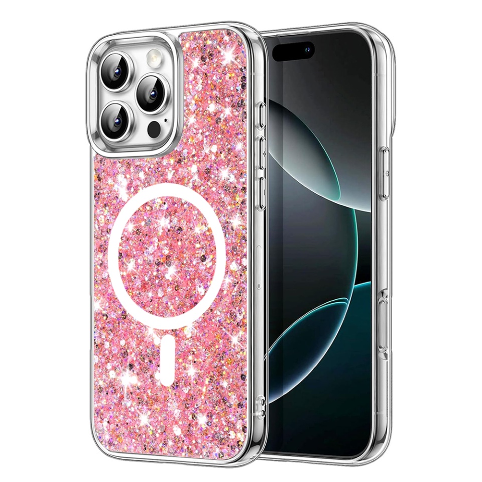 Husa pentru iPhone 16 Pro, SKYDDAR INNOVATION, SparkleCase, din Silicon cu Sclipici, Protectie Completa, set cu sticker, Roz