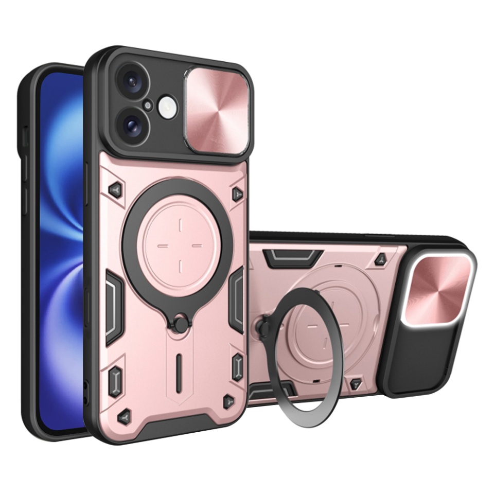 Husa pentru iPhone 16, SKYDDAR INNOVATION, CamGuard Pro, Inel Magnetic, Protectie Camera, Roz auriu, set cu sticker