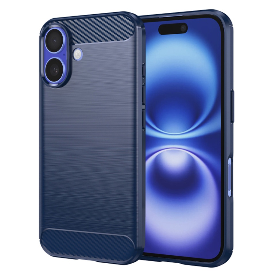 Husa pentru iPhone 16, SKYDDAR INNOVATION, Carbon Silicone, din Silicon Premium, Slim, cu textura Fibra Carbon, Albastru, set cu sticker