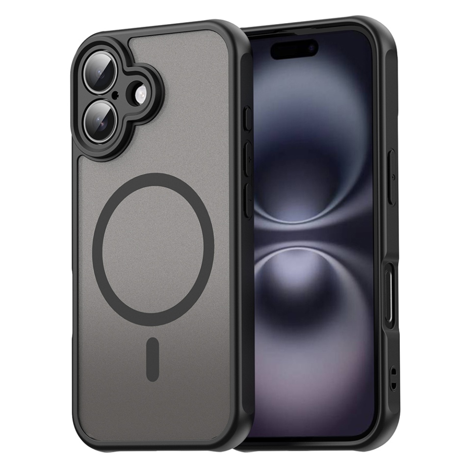 Husa pentru iPhone 16, SKYDDAR INNOVATION, HaloFrost MagSafe II, Antisoc, set cu sticker, Negru