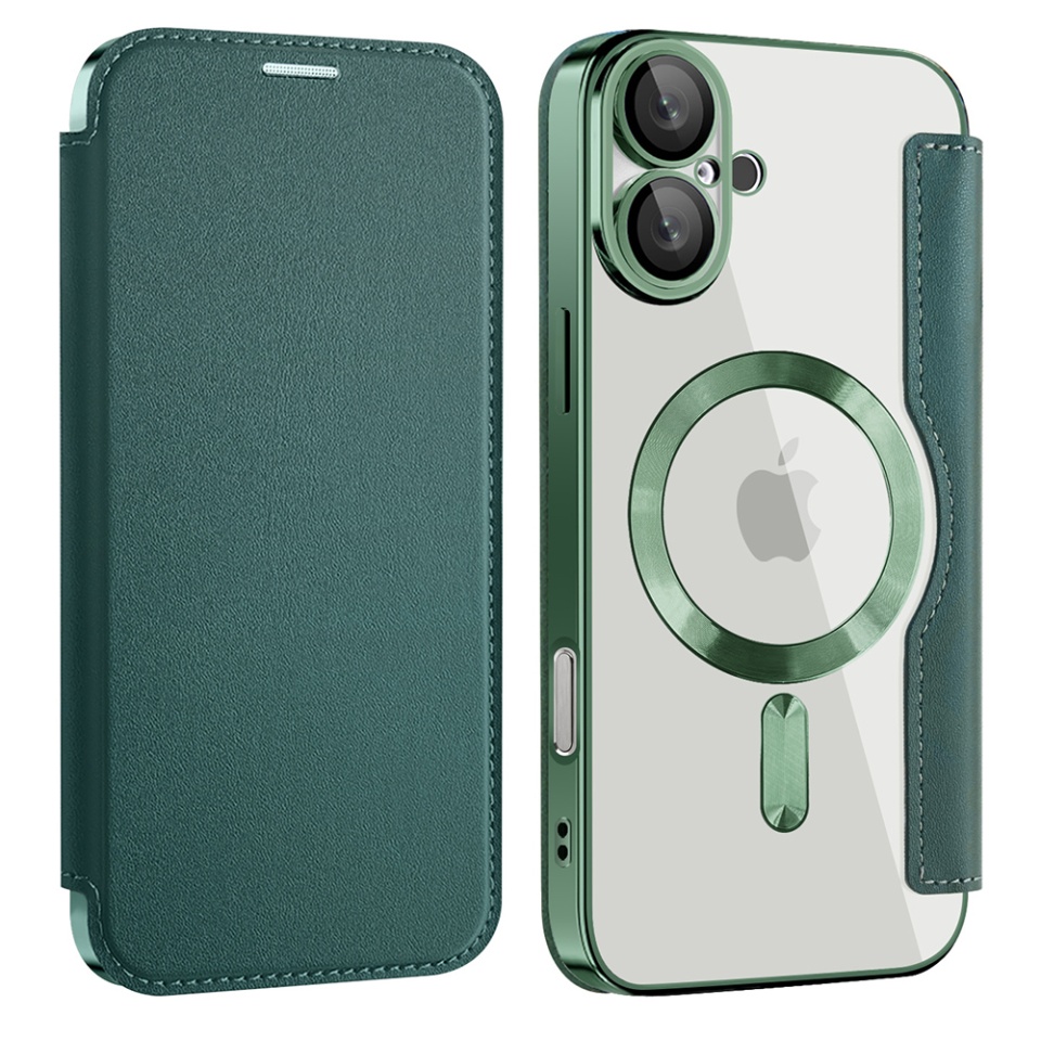 Husa pentru iPhone 16 tip carte, SKYDDAR INOVATION, SmartMag Book, Magsafe, RFiD, Suport Carduri, set cu sticker, Verde - 1 | YEO