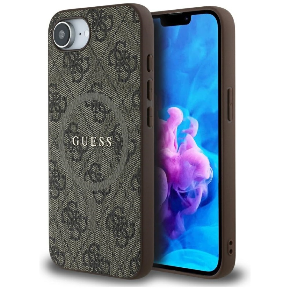 Husa pentru iPhone 16e, 4G Collection Leather MagSafe, Guess - Maro