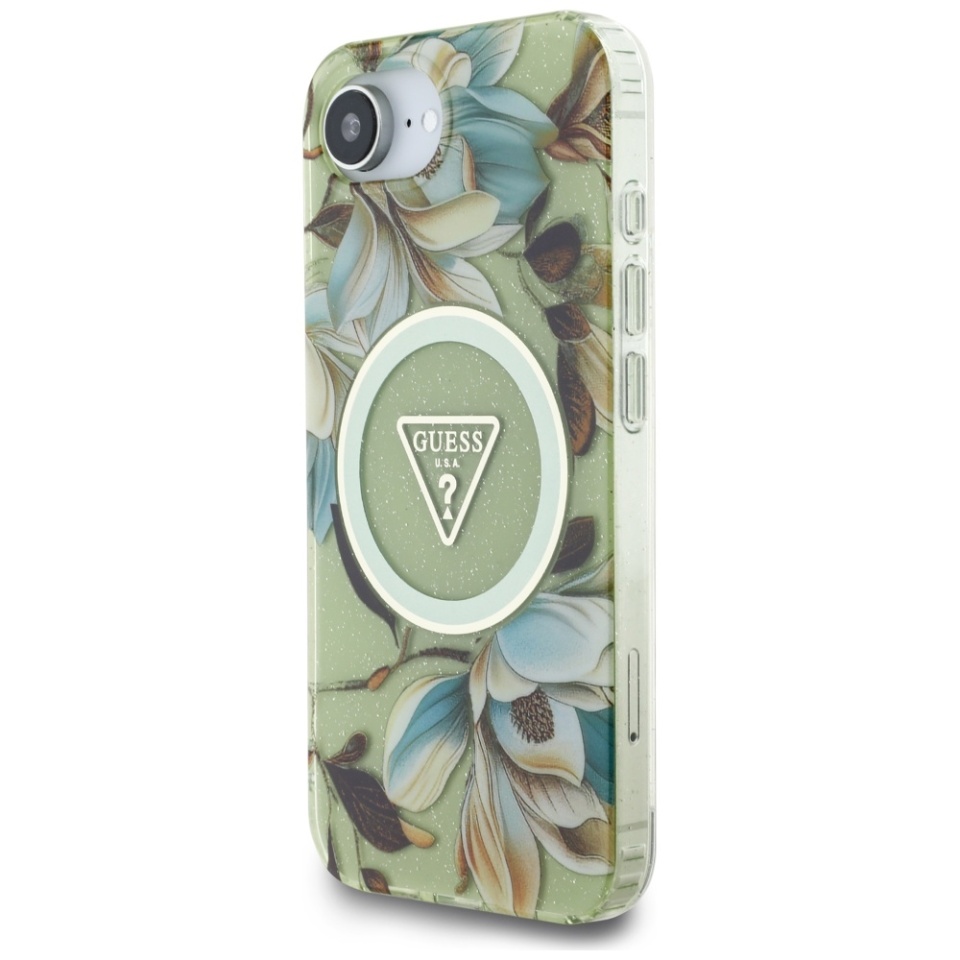Husa pentru iPhone 16e, IML Flowers with Pearl Strap MagSafe, Guess - Verde - 1 | YEO