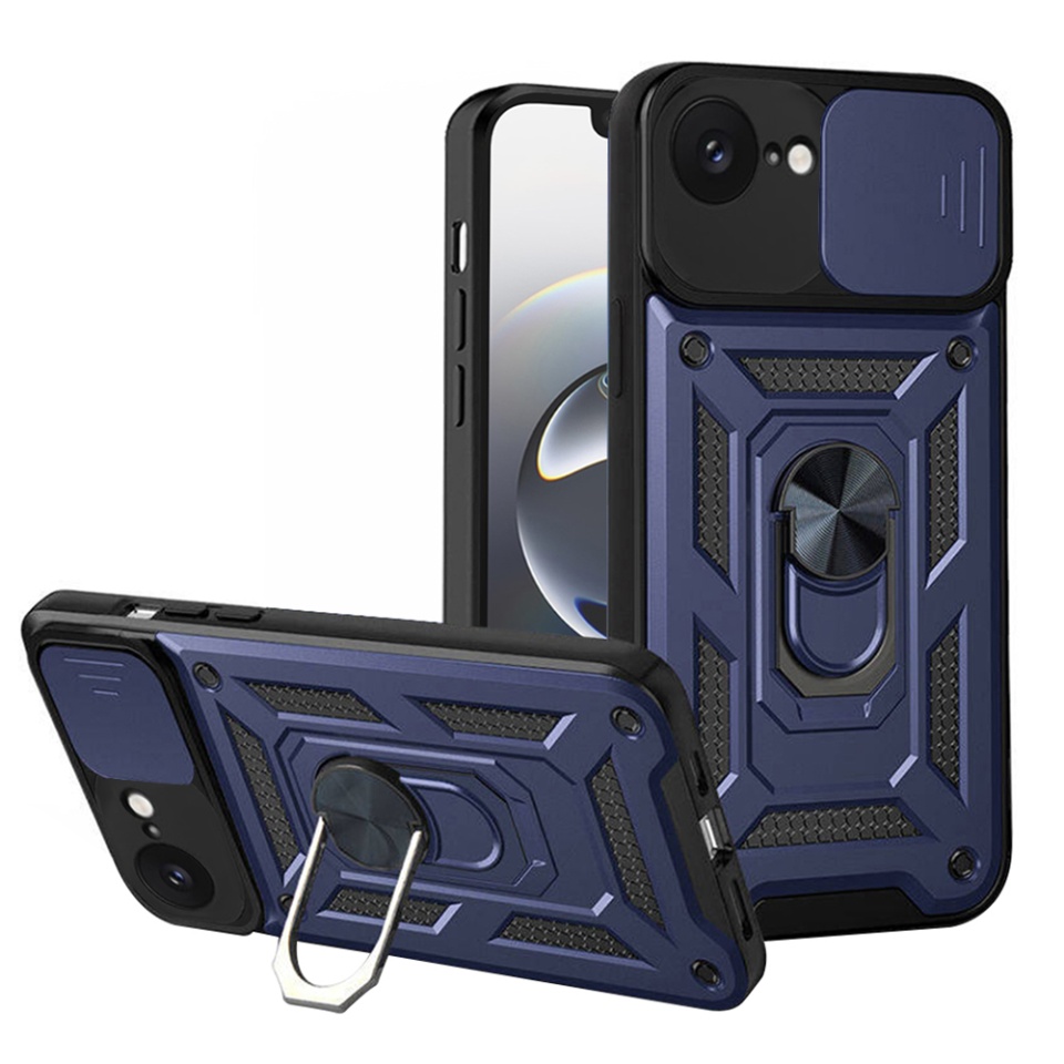 Husa pentru iPhone 16e, SKYDDAR INNOVATION, CamShield, Albastru, set cu sticker