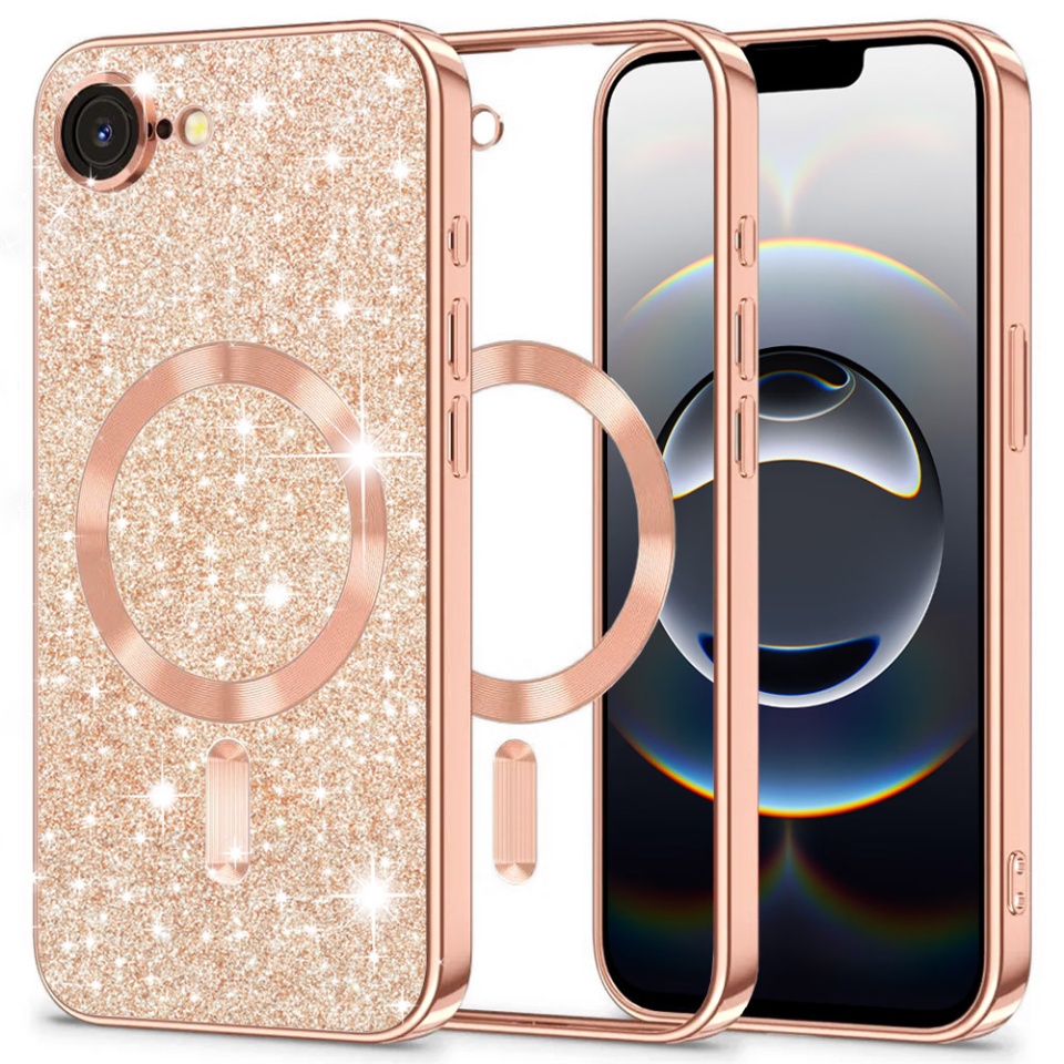 Husa pentru iPhone 16e, SKYDDAR INNOVATION, Luxury Glitter Magsafe, Antisoc, Fundal Detasabil 2-in-1, Protectie Superioara, Margini Ridicate, Roz auriu, set cu sticker