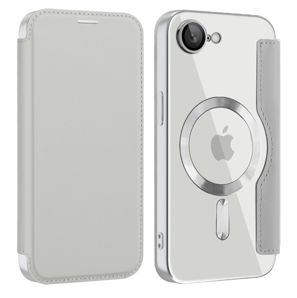 Husa pentru iPhone 16e tip carte, SKYDDAR INOVATION, SmartMag Book, Magsafe, RFiD, Suport Carduri, set cu sticker, Gri - 1 | YEO