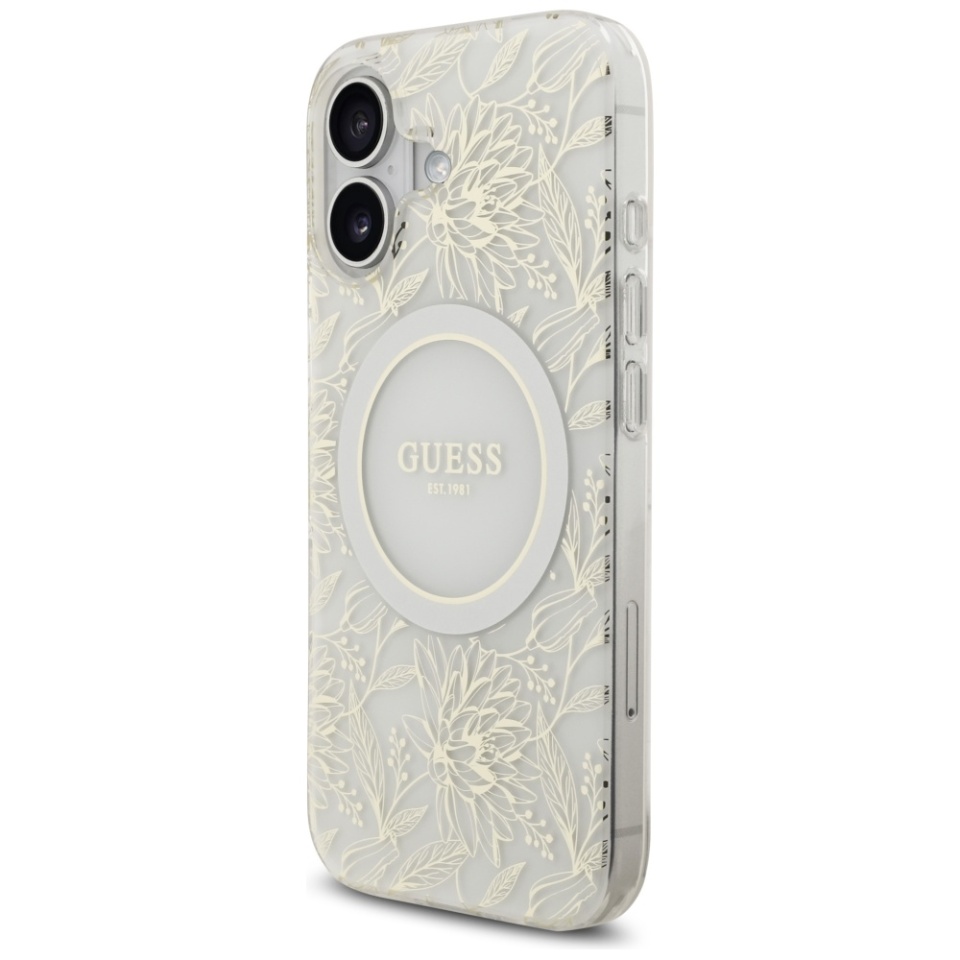 Husa pentru iPhone 17, IML Flowers with Pearl Strap MagSafe, Guess - Alb - 3 | YEO