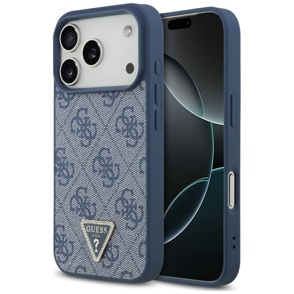 Husa pentru iPhone 17 Pro, Guess, Leather 4G Triangle Strass, Albastru