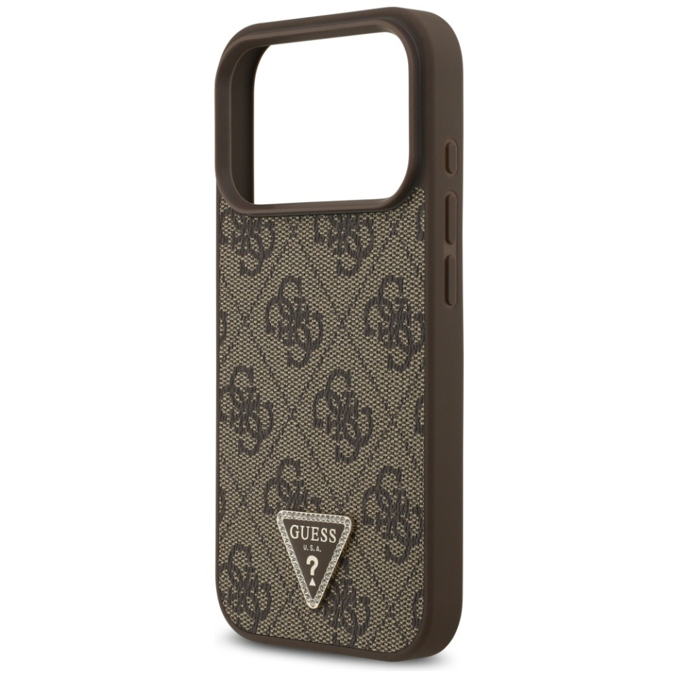 Husa pentru iPhone 17 Pro, Guess, Leather 4G Triangle Strass, Maro - 3 | YEO