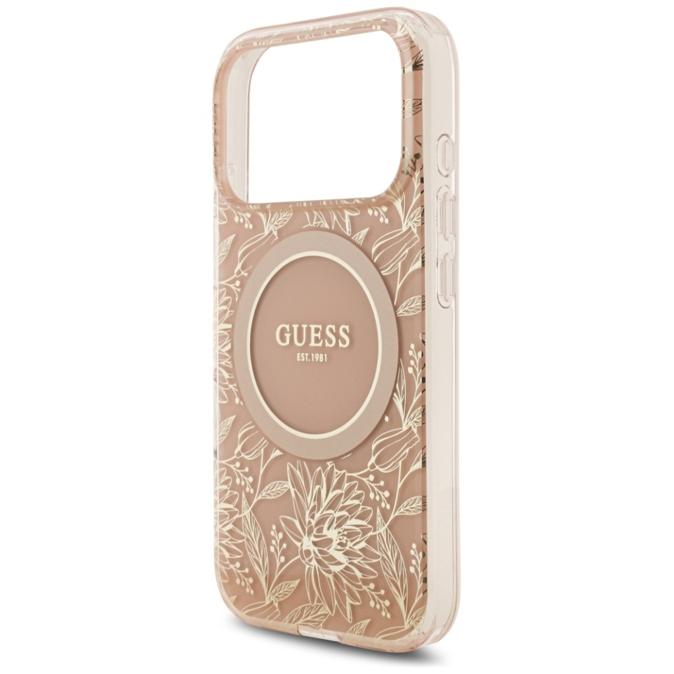 Husa pentru iPhone 17 Pro, IML Flowers with Pearl Strap MagSafe, Guess - Roz - 2 | YEO