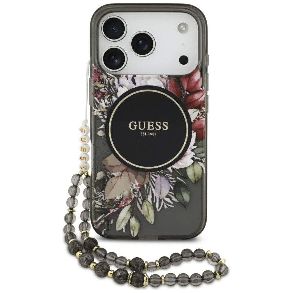 Husa pentru iPhone 17 Pro, IML Flowers with Pearl Strap MagSafe, Guess - Negru