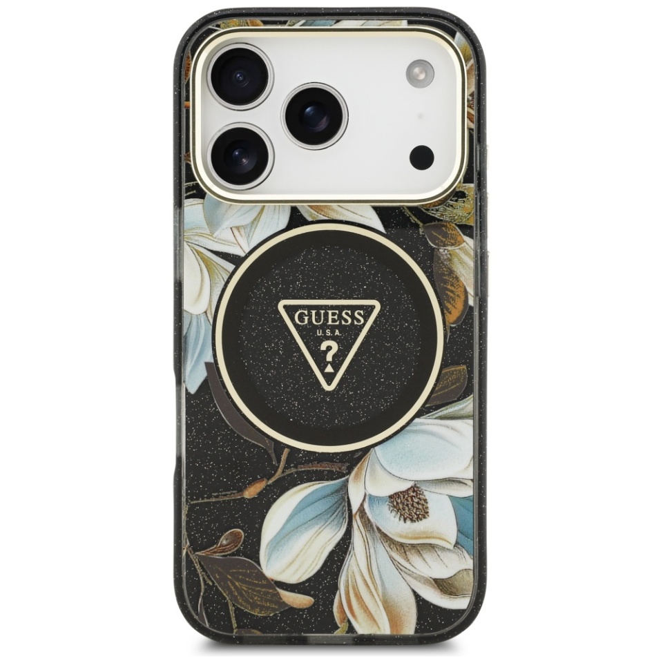 Husa pentru iPhone 17 Pro, IML Flowers with Pearl Strap MagSafe, Guess - Negru