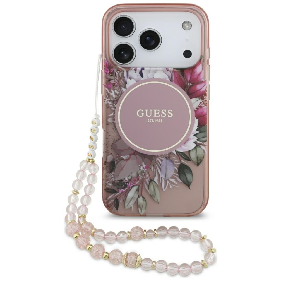 Husa pentru iPhone 17 Pro, IML Flowers with Pearl Strap MagSafe, Guess - Roz