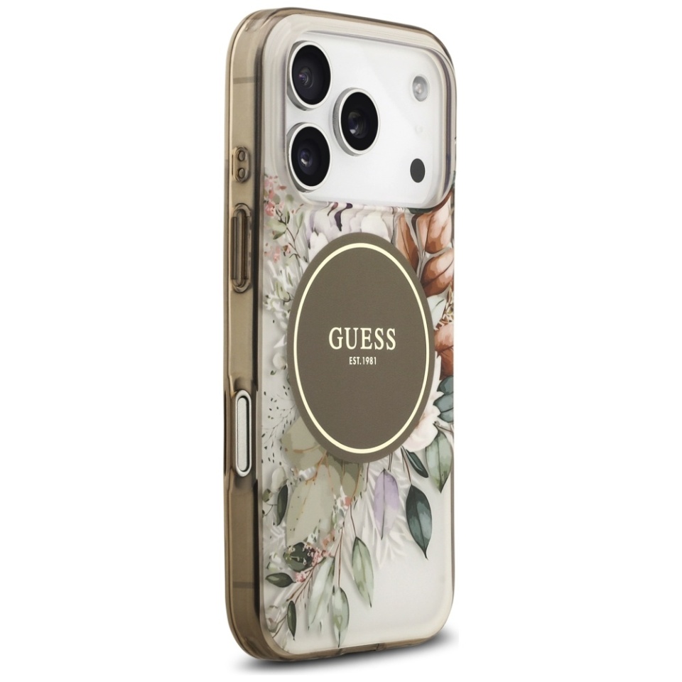 Husa pentru iPhone 17 Pro, IML Flowers with Pearl Strap MagSafe, Guess - Maro - 2 | YEO