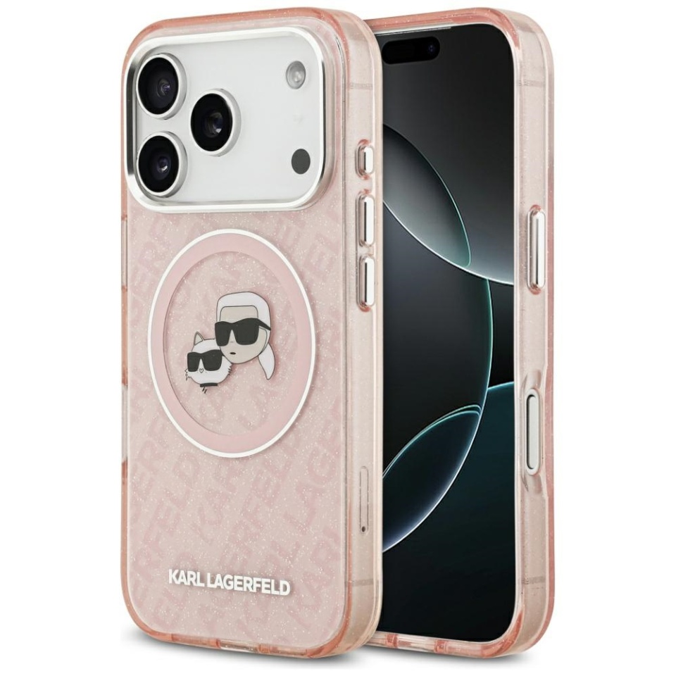 Husa pentru iPhone 17 Pro, IML Glitter K&C Heads Logo MagSafe, Clear Mono Karl&Choupette