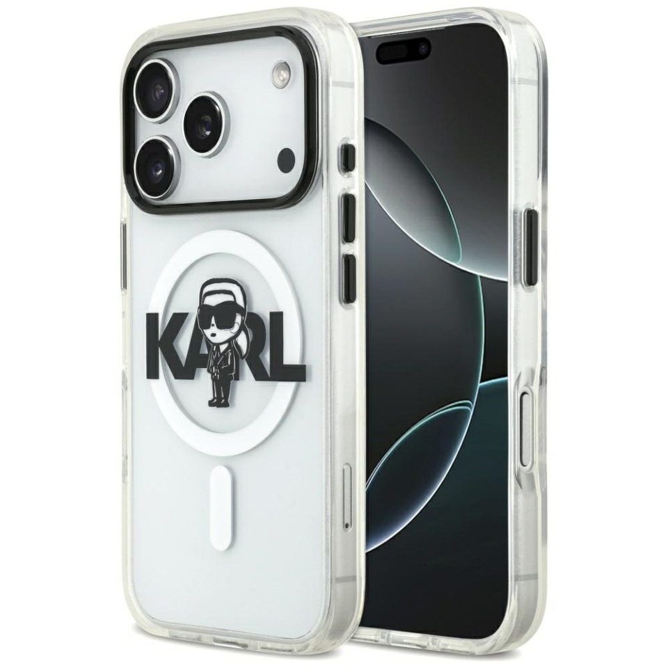 Husa pentru iPhone 17 Pro, IML Glitter K&C Heads Logo MagSafe, Clear Mono Karl&Choupette