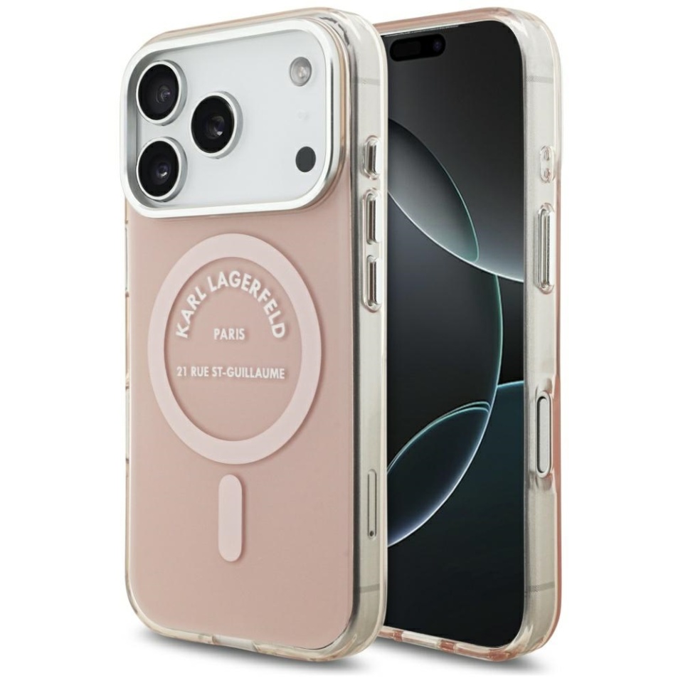 Husa pentru iPhone 17 Pro, IML Glitter K&C Heads Logo MagSafe, Clear Mono Karl&Choupette