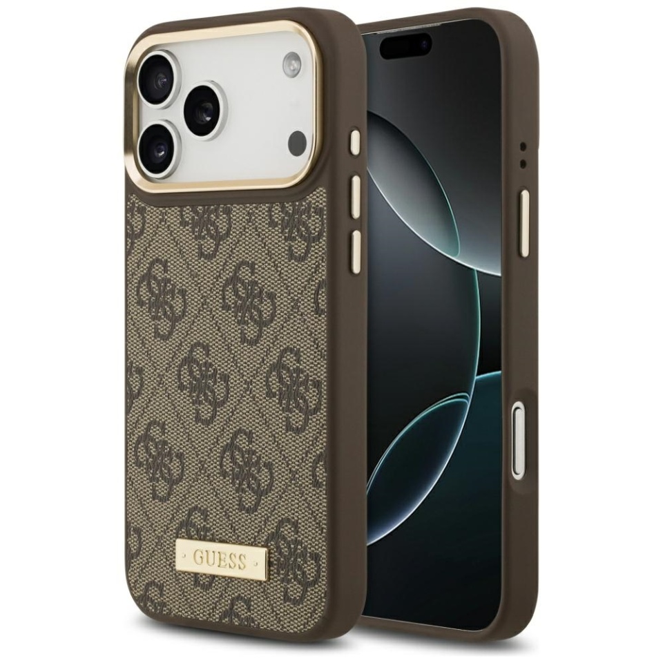 Husa pentru iPhone 17 Pro Max, Guess, Hardcase 4G Logo Plate MagSafe, Maro