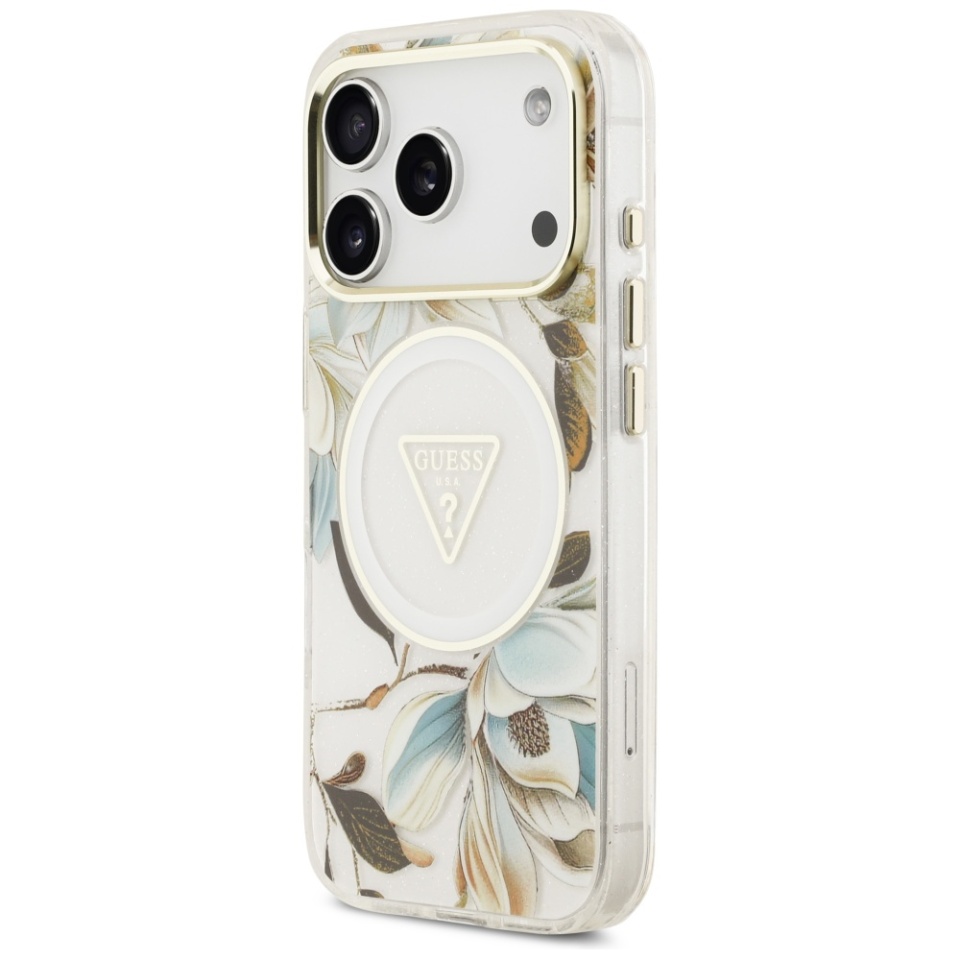 Husa pentru iPhone 17 Pro Max, IML Flowers with Pearl Strap MagSafe, Guess - Alb - 6