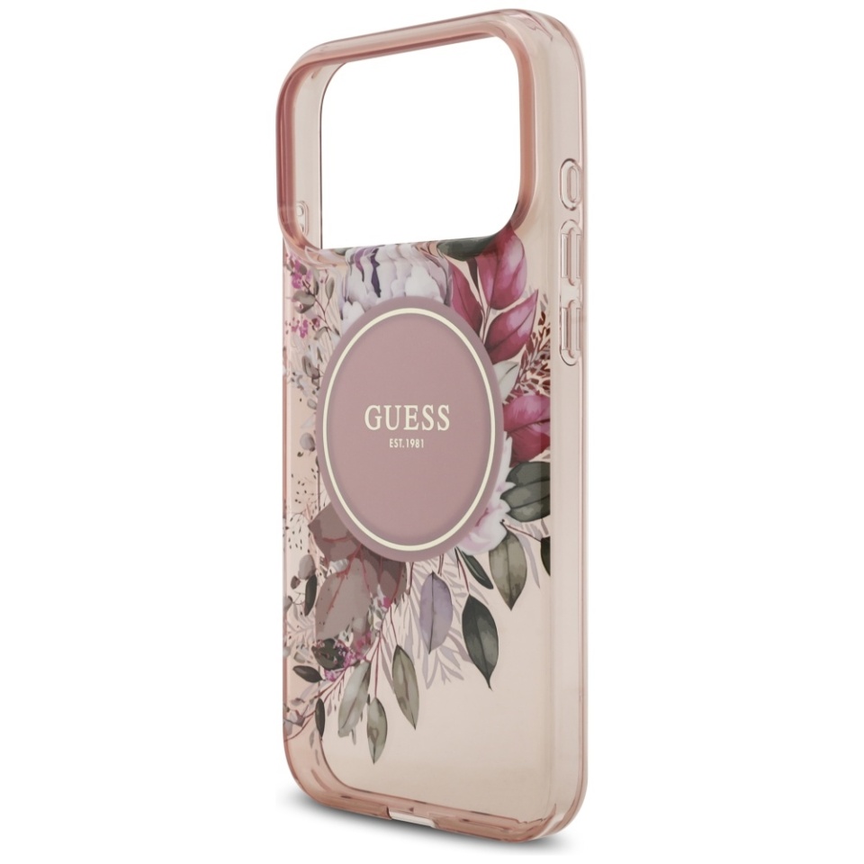 Husa pentru iPhone 17 Pro Max, IML Flowers with Pearl Strap MagSafe, Guess - Roz - 3 | YEO