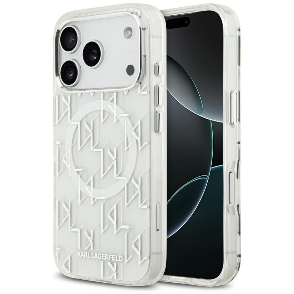 Husa pentru iPhone 17 Pro Max, IML Glitter K&C Heads Logo MagSafe, Clear Mono Karl&Choupette